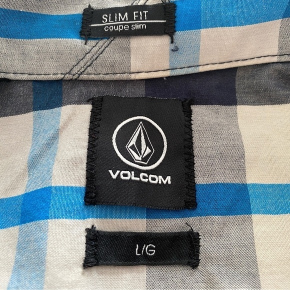 VOLCOM Stone Skate Blue & Gray Plaid Short Sleeve Collared Shirt Men L Large - Picture 4 of 6